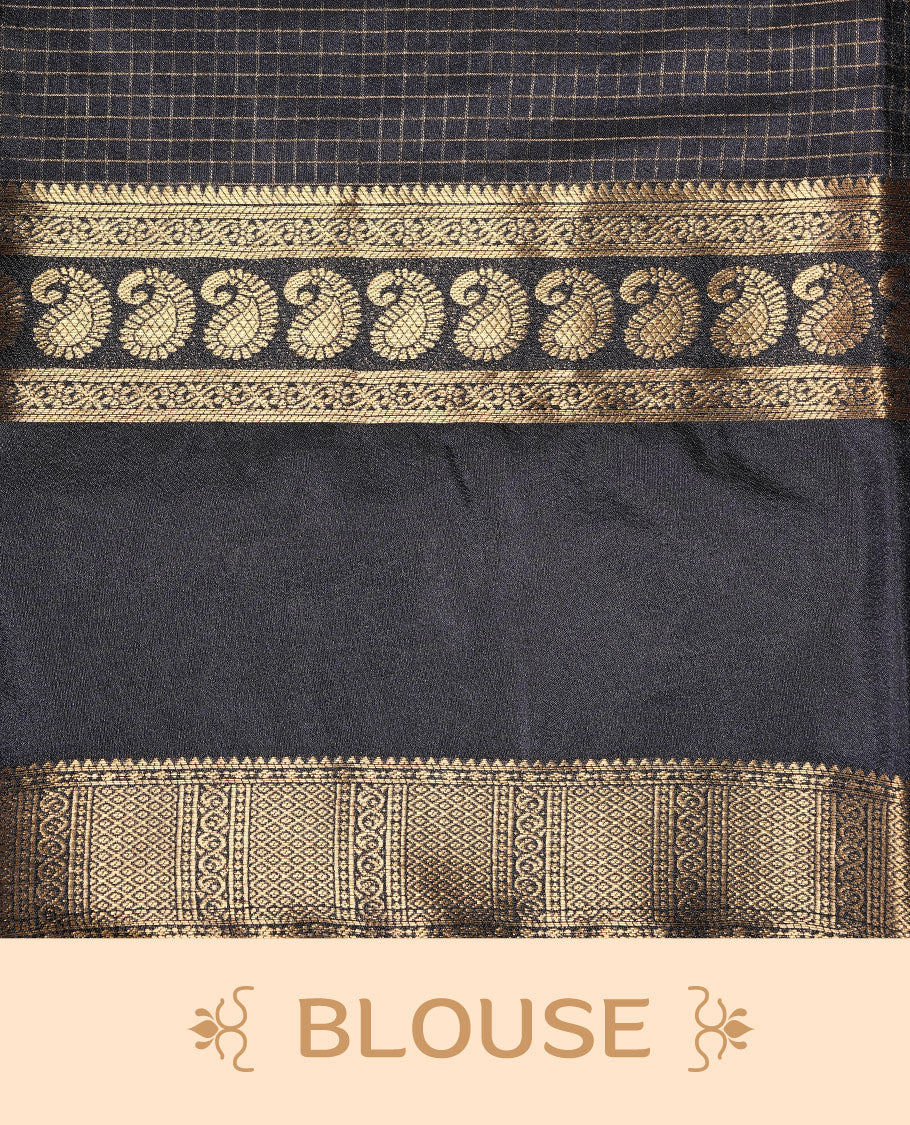 Mustard colour semi georgette saree featuring gold zari check pattern on body, complemented by contrast Blue colour with zari border, paired with matching blouse piece.