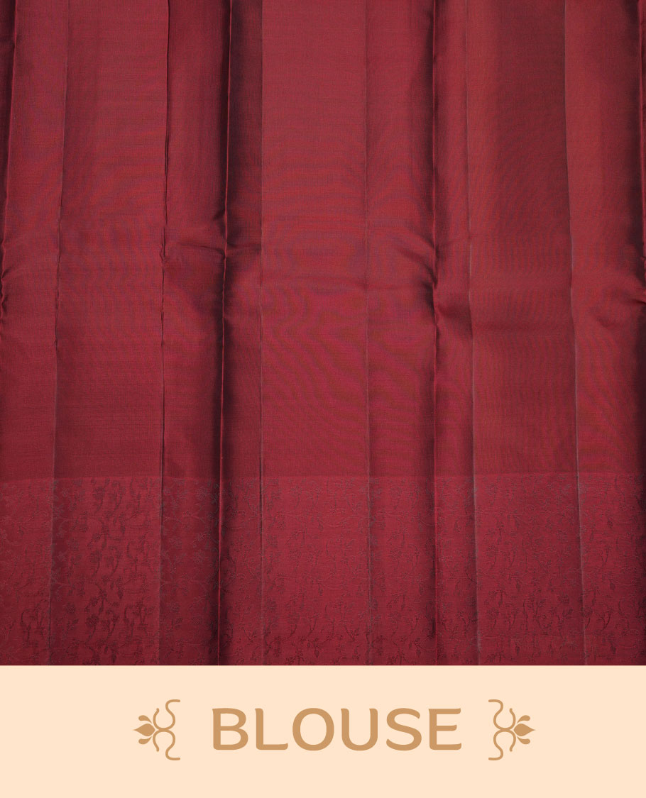 Fenugreek colour soft silk saree featuring self colour pattern on body, complemented by contrast maroon self colour pattern border, paired with matching blouse piece.
