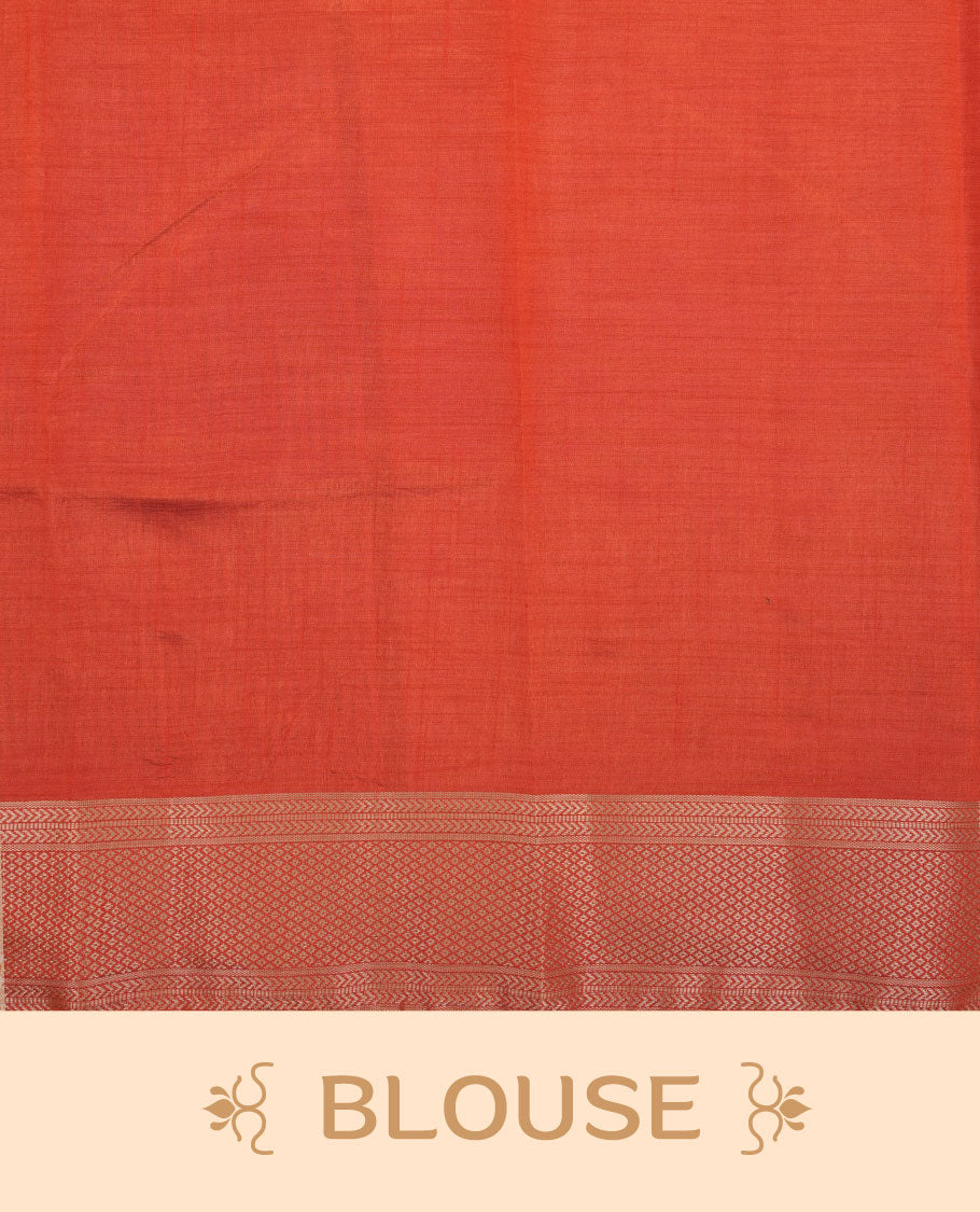 Cream colour tussar silk saree featuring elegant plain body, contrast Red colour border with gold zari, comes with matching blouse piece.