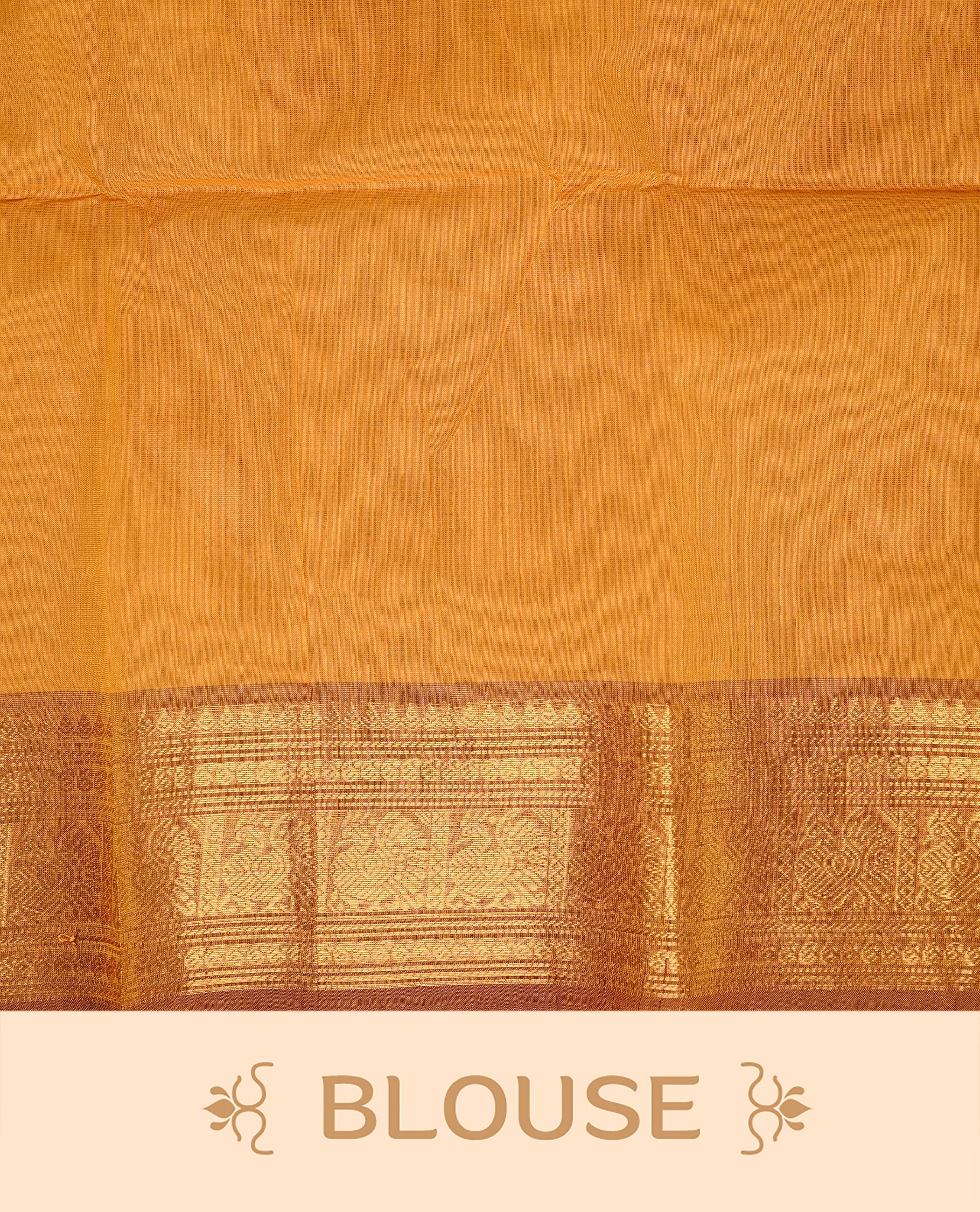 Mustard colour Chettinad cotton saree featuring Elegant plain body, complemented by contrast Light Brown colour with gold zari border, paired with matching blouse piece.