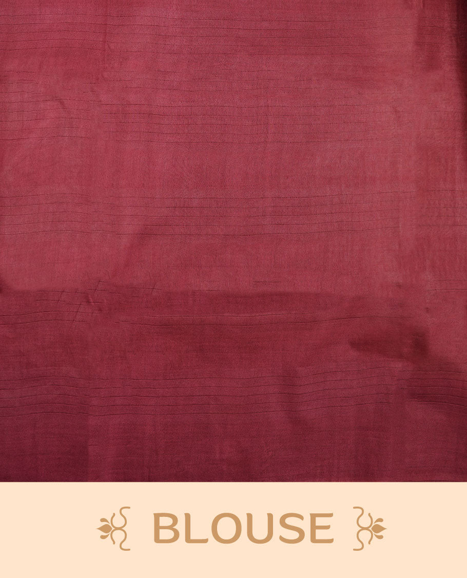 Cream & Red dye pattern colour semi jute saree highlighting white stripped body, without border and paired with matching blouse.