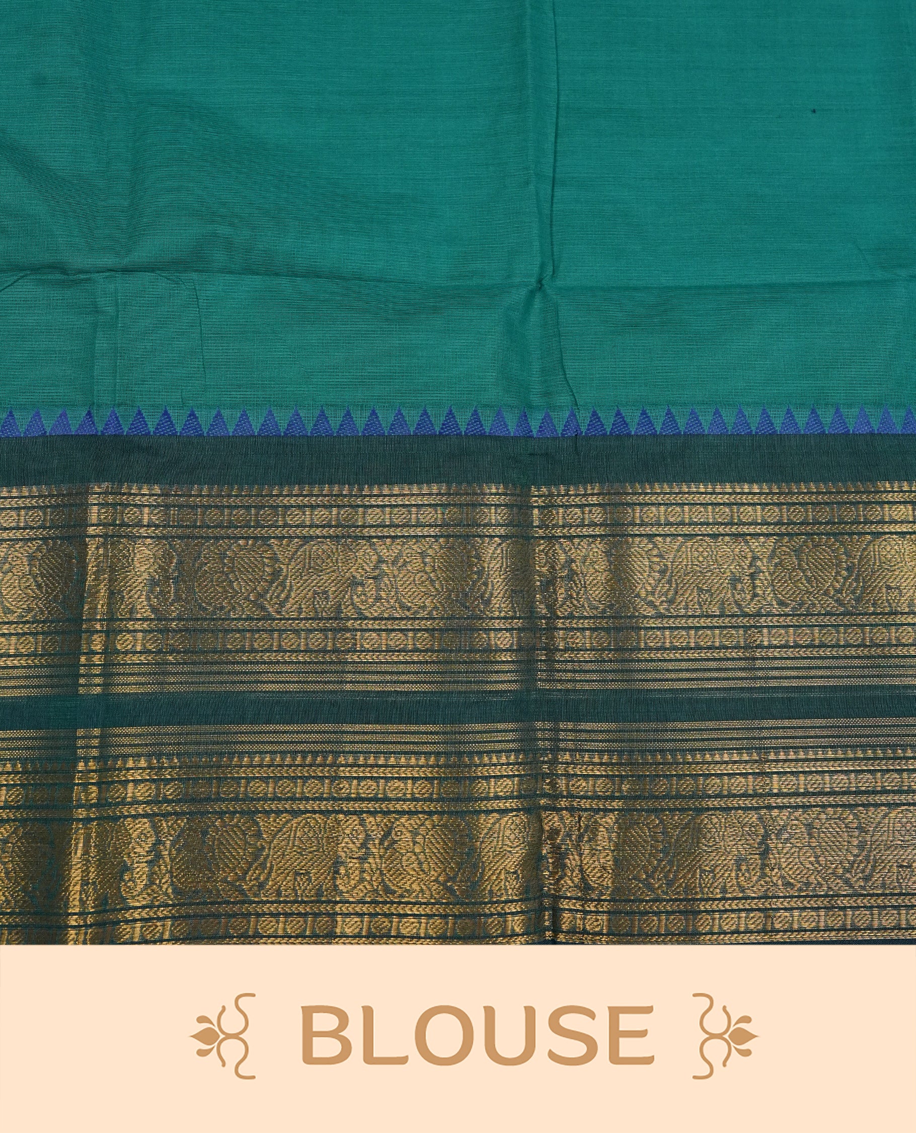 Teal colour chettinad cotton saree featuring Elegant plain body,Contrast Dark green colour with Gold zari border, comes with matching blouse piece.