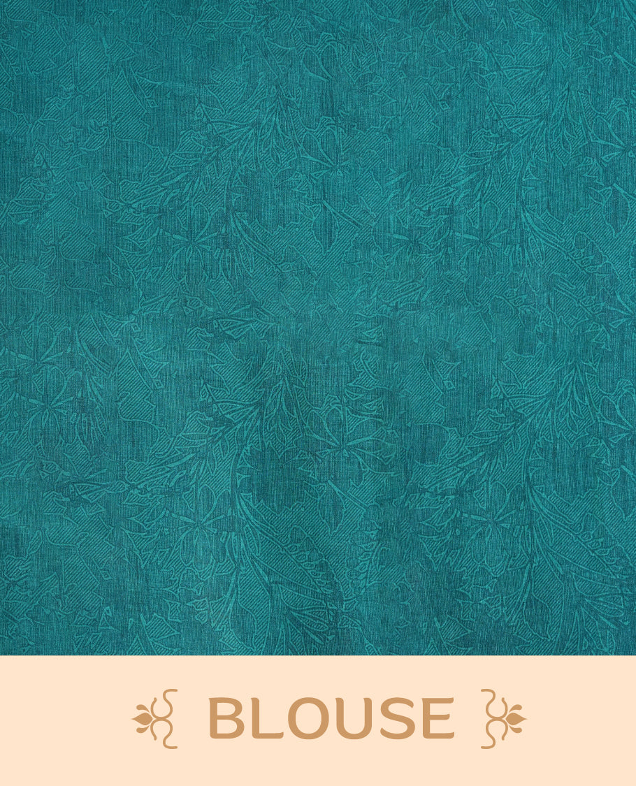 Turquoise Blue colour saree enhanced with a vibrant olive green,maroon and grey colour floral prints on body & pallu, and comes with a matching blouse.