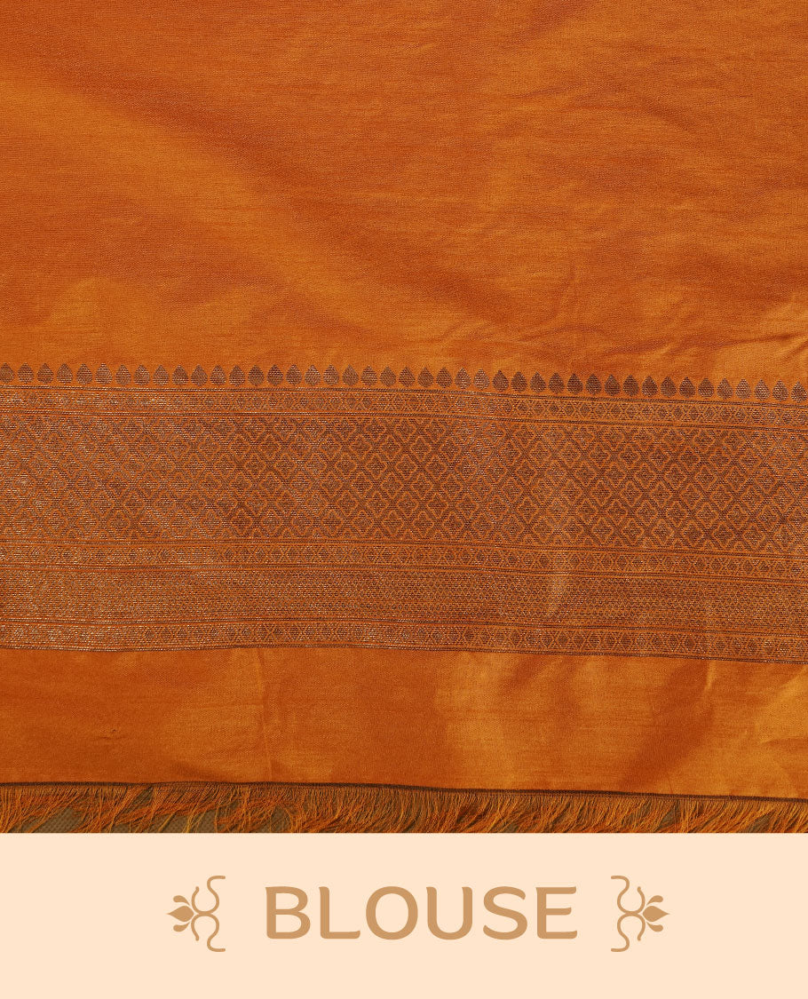 Orange colour semi banaras katan saree featuring Antique zari motifs on across body, complemented by self colour zari border, paired with matching blouse piece.