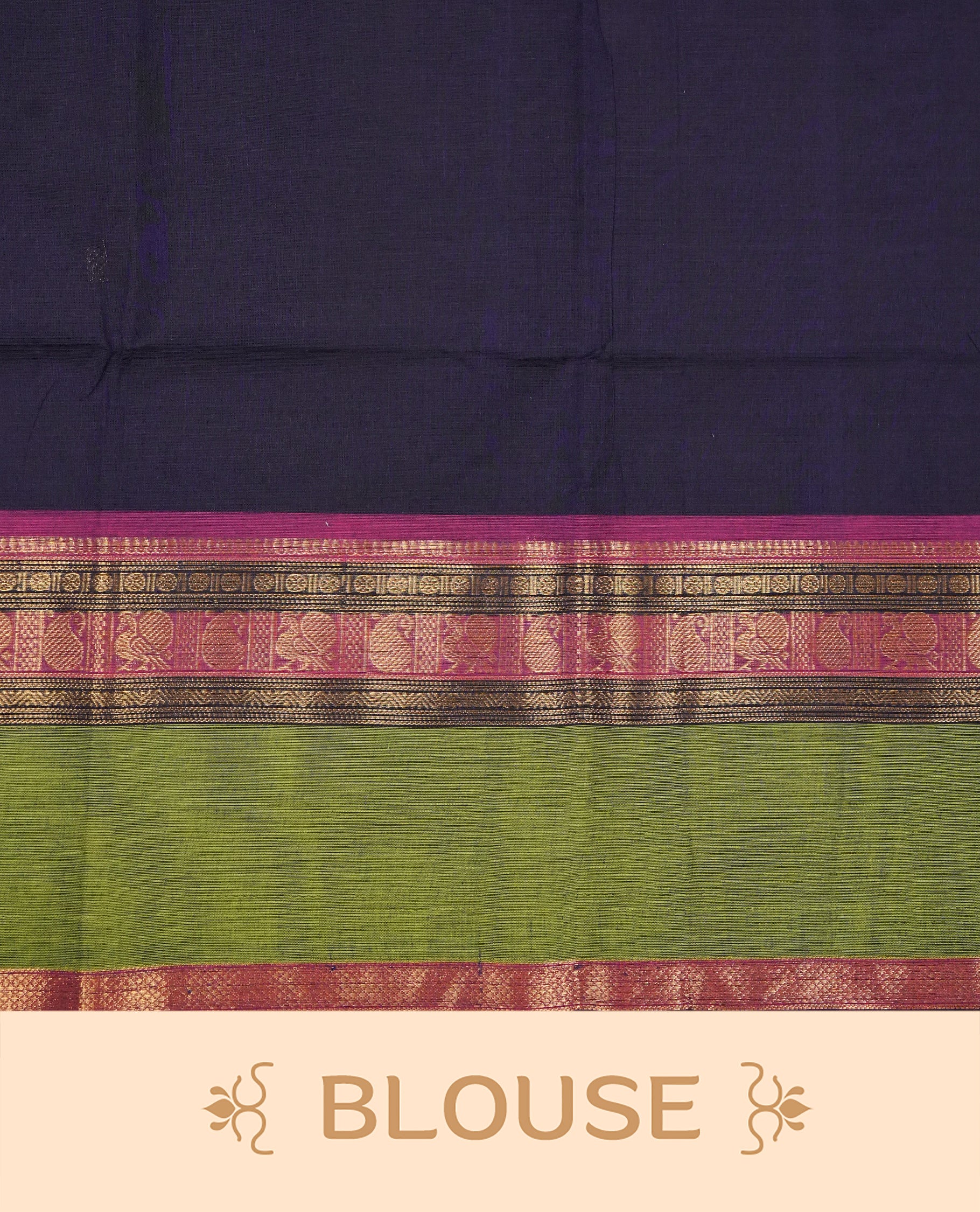 Navy Blue colour chettinad cotton saree featuring gold zari motifs on body, Contrast magenta & green colour with Gold zari border, comes with matching blouse piece.