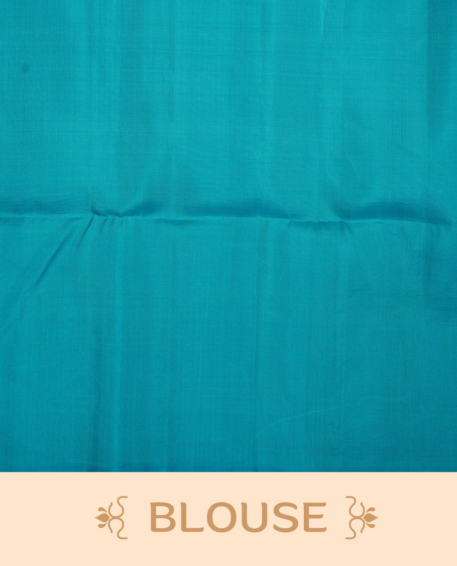 Aqua & teal colour soft silk saree featuring gold zari motifs on body, complemented by self colour with traditional border with tassel at pallu, paired with matching blouse piece.