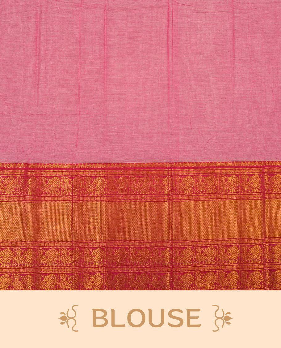 Pink colour Narayanapattu cotton saree featuring a self coloured body, contrast Rani pink colour with gold zari border and pallu, pairing a matching blouse piece.