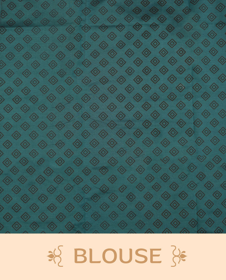 Dark Teal Green colour poly cotton saree with black temple motifs on the body, paired with a matching with black woven traditional border, and a coordinated all‑over geometric printed blouse piece.