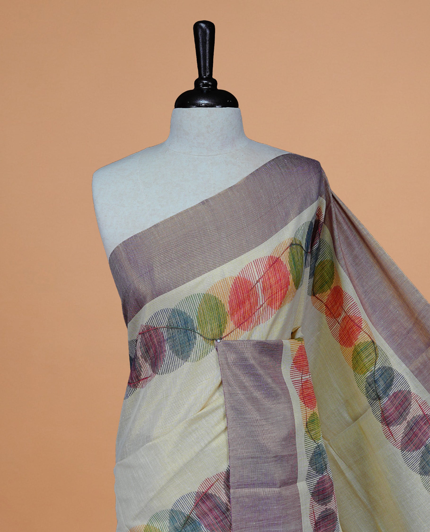 Cream Colour Tissue Kerala Saree Featuring Multicolour Circular Prints Along The Border And Pallu, Complemented By A Violet Border With Traditional Gold Zari Accents, Paired With A Matching Blouse Piece.