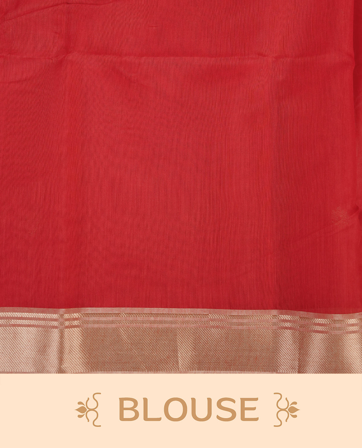 Red colour Maheshwari cotton saree, gold zari floral motifs on body, complement peach colour gold zari border comes with matching blouse.