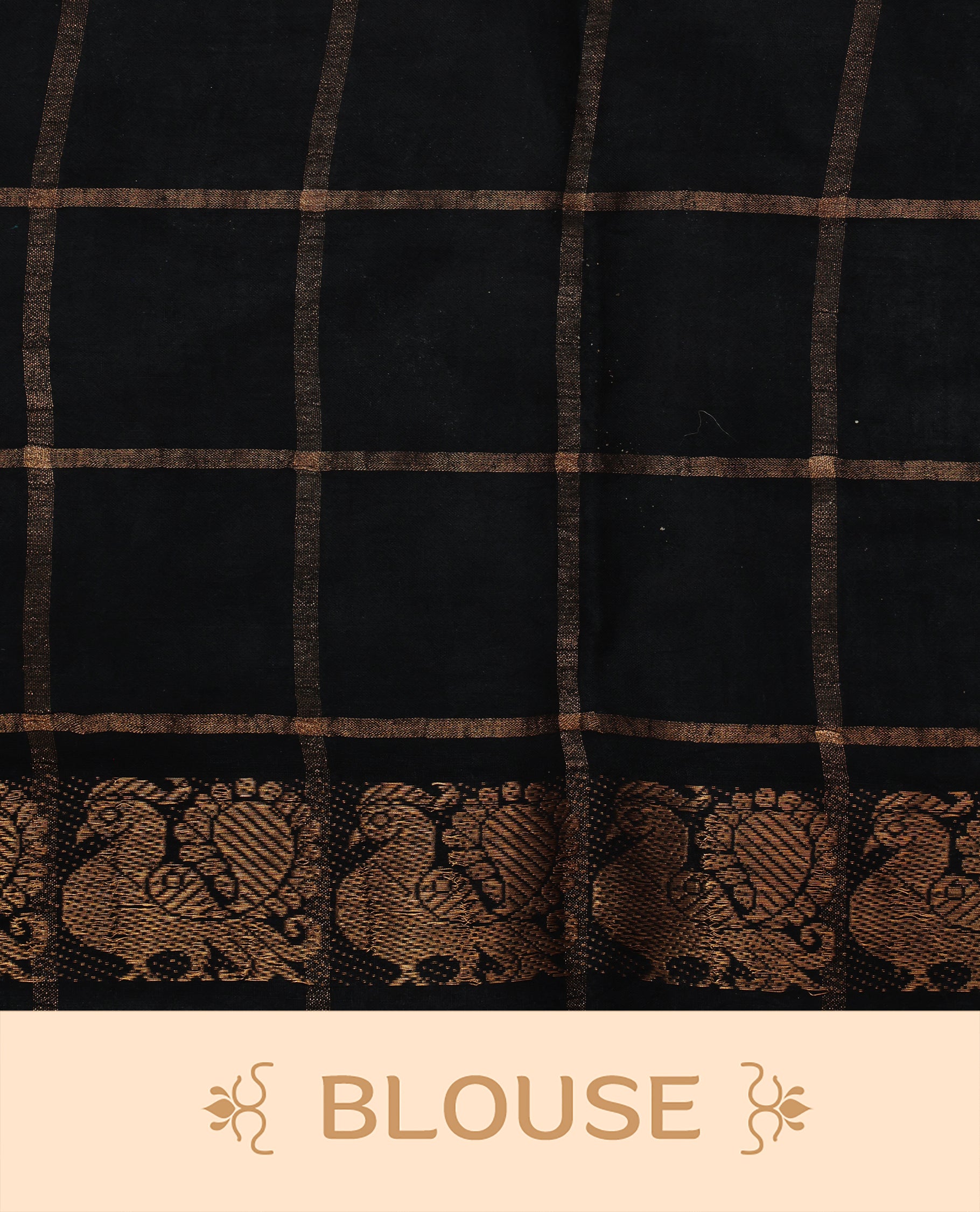 Maroon colour Sungudi cotton saree featuring Gold zari Check pattern on body, Gold zari Peacock design on Dyed Black colour design border, paired with matching blouse piece.