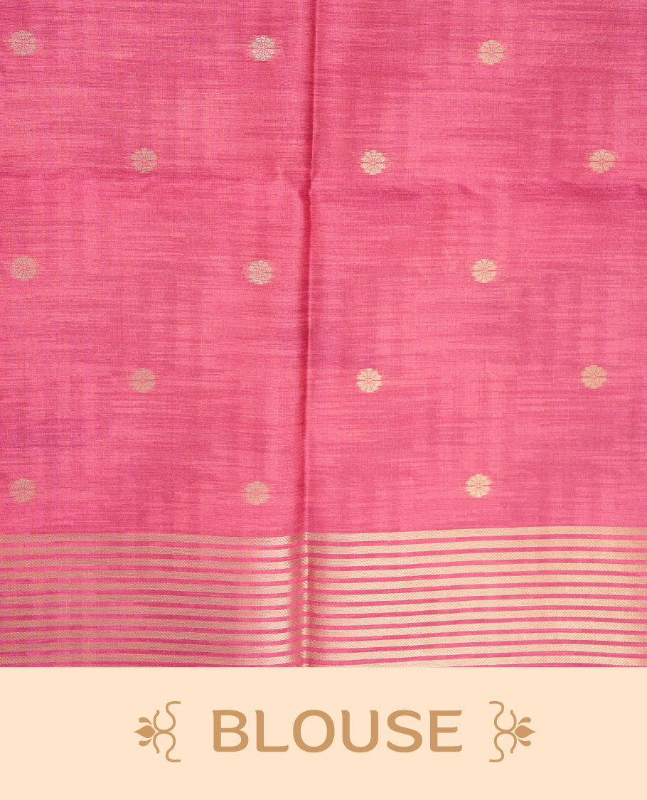 Pink colour semi tussar silk saree, featuring an intricate white dancing women motif on the body and pallu with gold zari , comes with matching blouse.