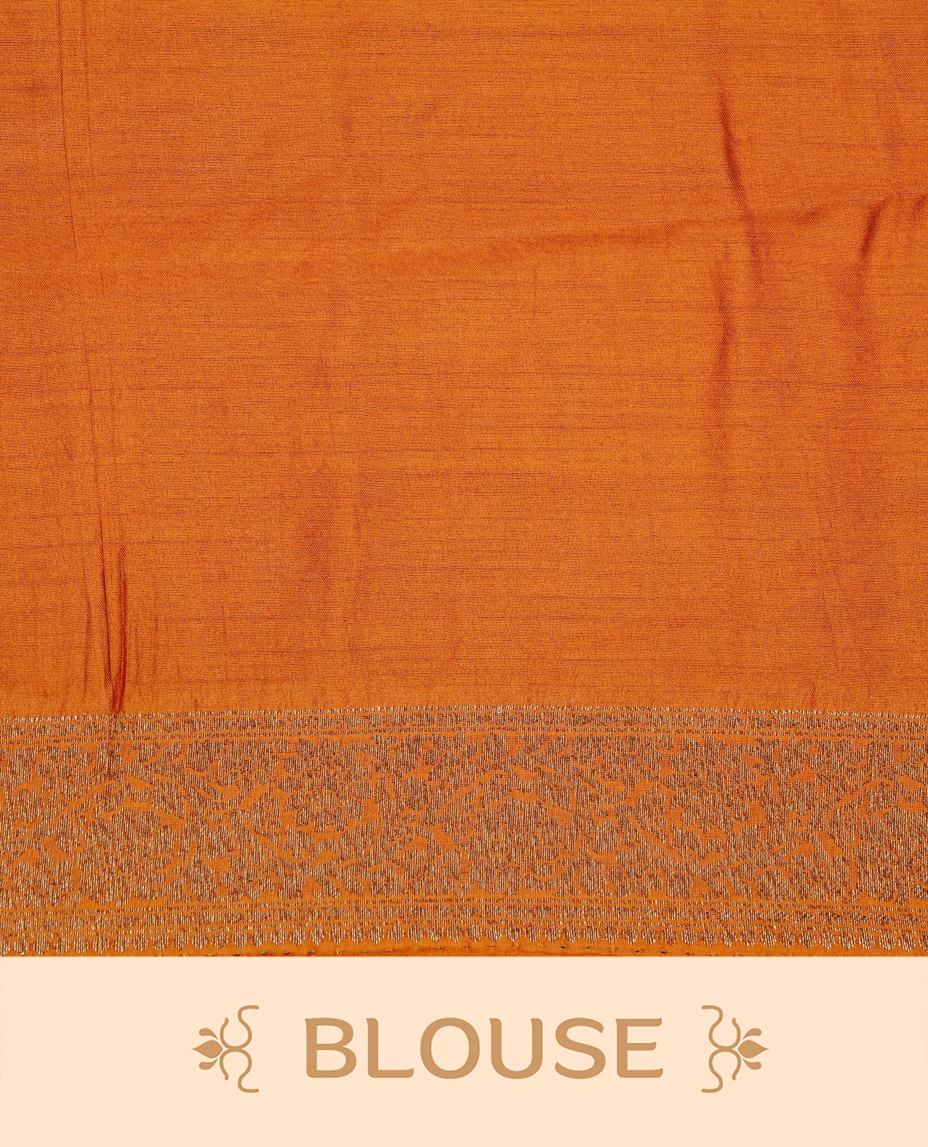 Cream colour pure tussar Banaras silk saree featuring intricate gold zari motifs across the body, enhanced with a contrast orange floral kodi zari border for a rich traditional look. Comes with a matching blouse piece.