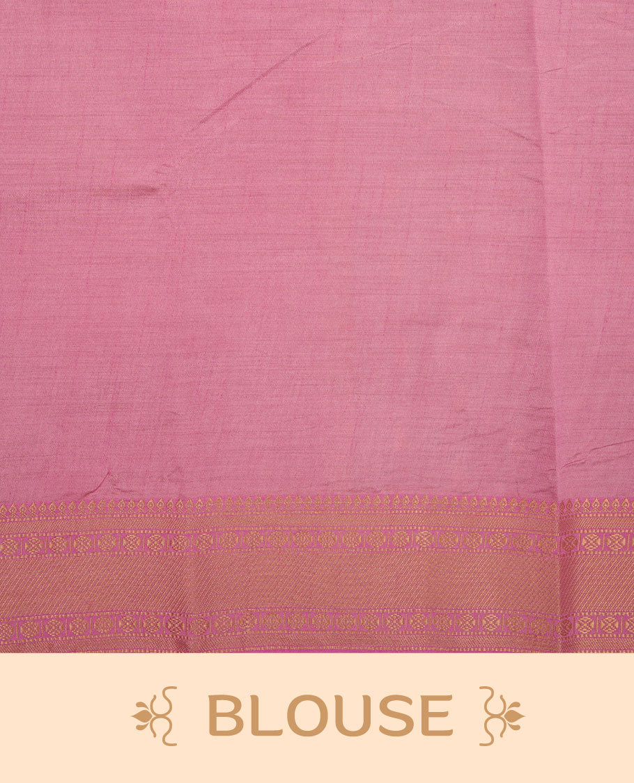 White gold colour semi tussar saree featuring Gold zari buttas body, contrast Pink colour gold zari border and comes with matching blouse piece.