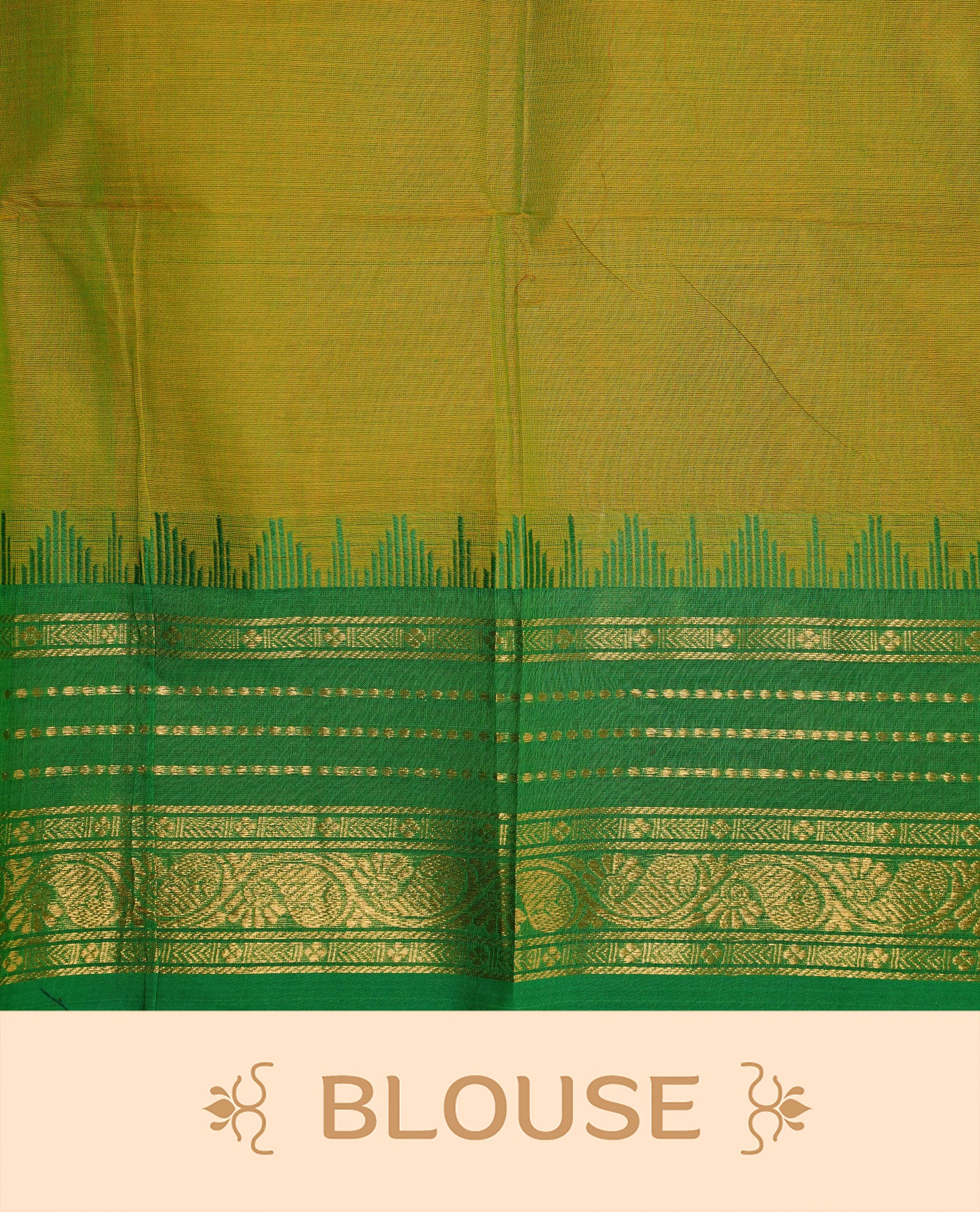 Moderate Olive colour Chettinad cotton saree featuring motifs on body , complemented by contrast Green colour with zari border, comes with matching blouse piece.