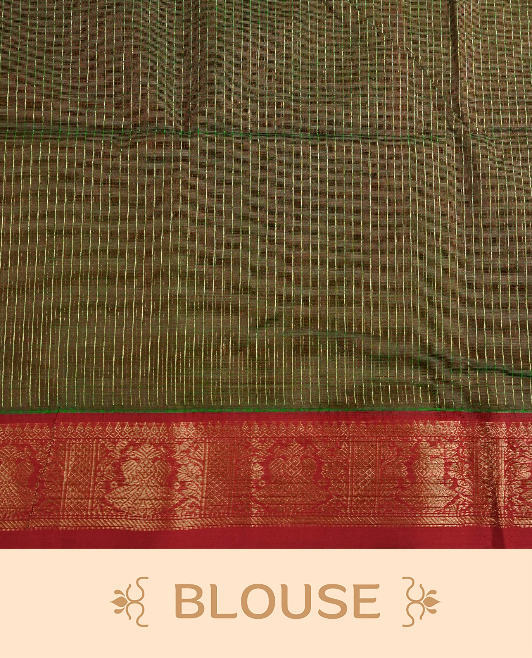 Green colour chettinad cotton saree featuring gold zari strips body, Contrast Maroon colour with Gold zari border, comes with matching blouse piece.