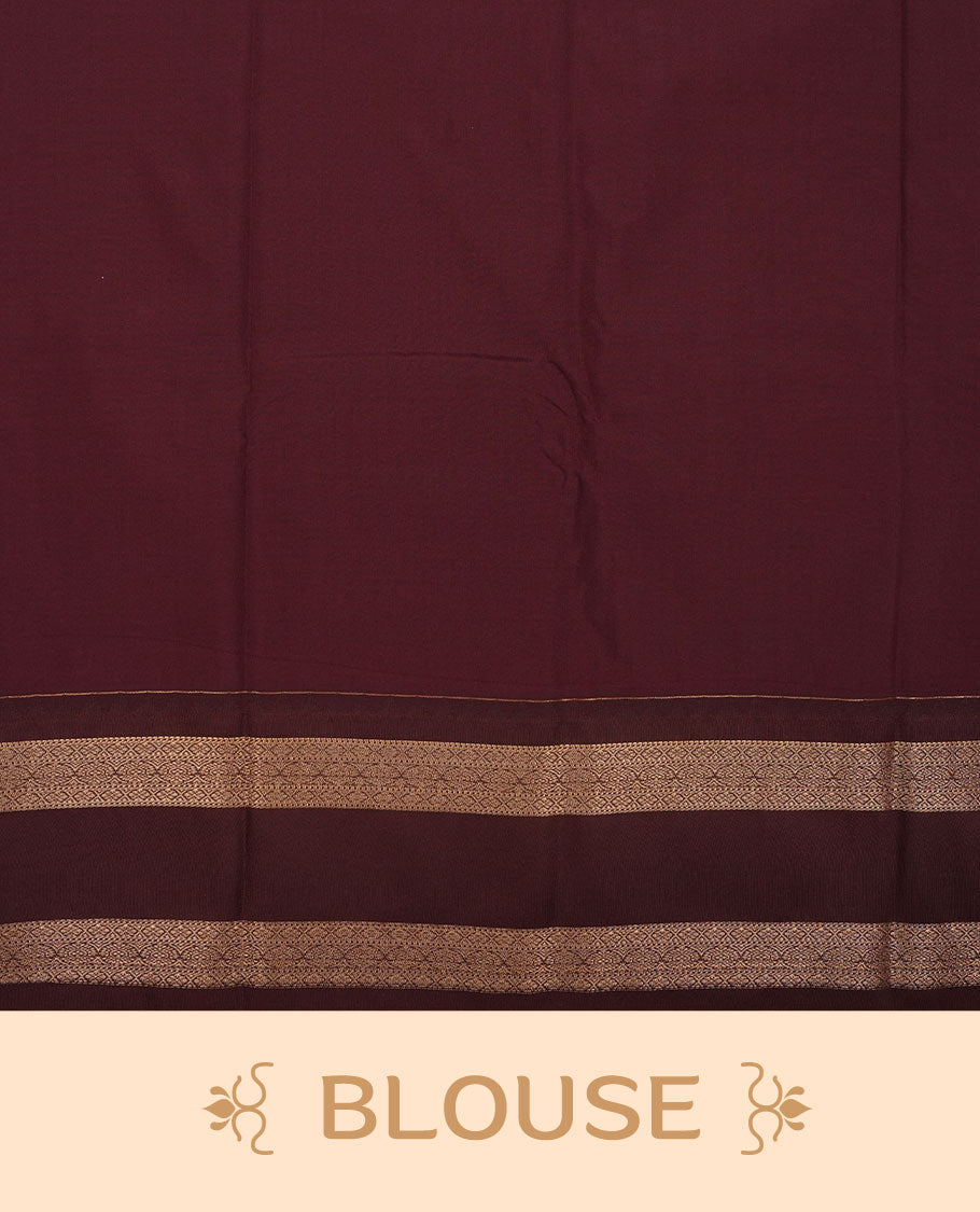 Rust orange colour semi silk saree featuring gold zari stripes small motifs on body highlighting contrast dark chocolate gold zari floral chakra border , paired with matching blouse