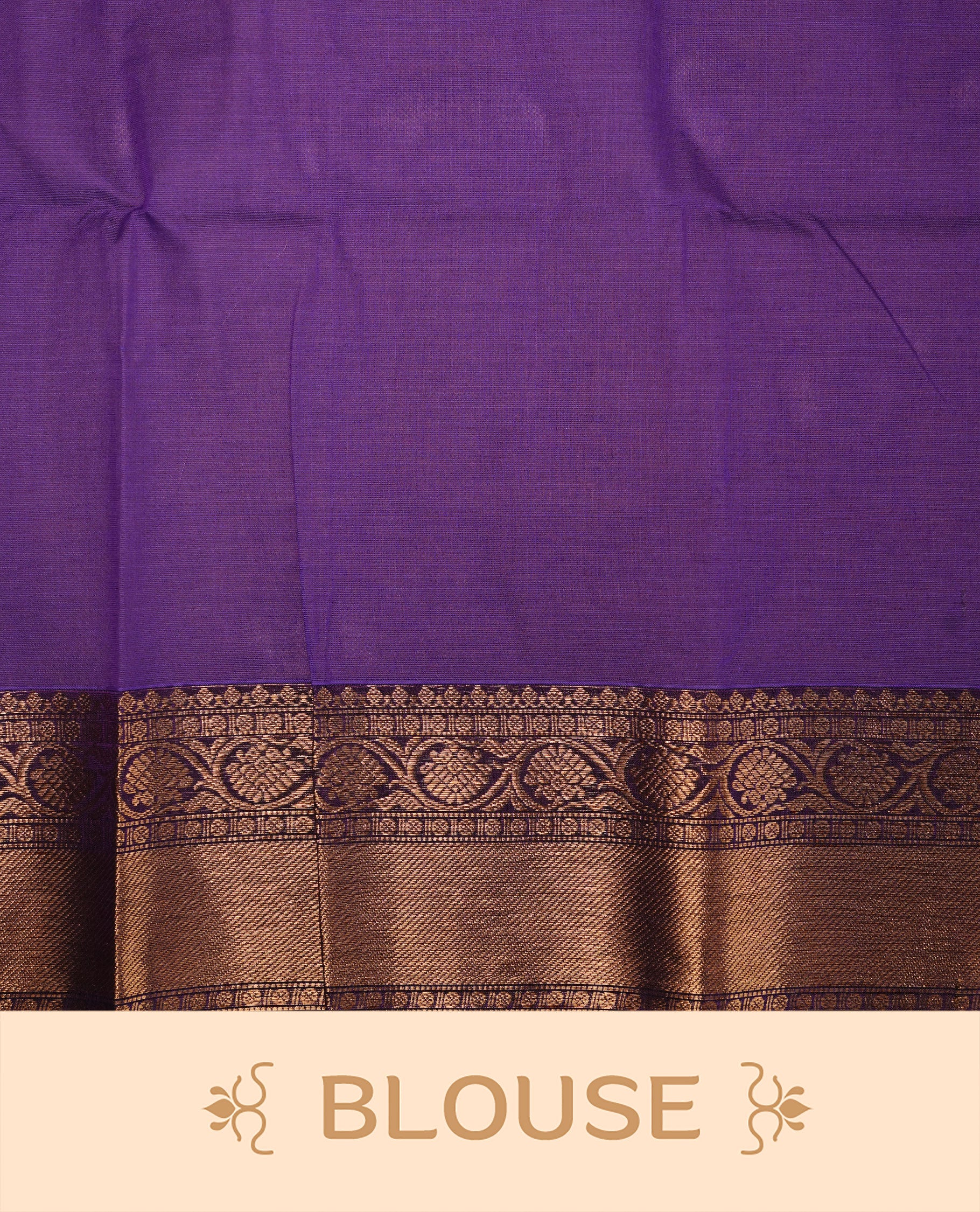 Violet Colour Chettinad cotton saree featuring Gold zari Stripes on body, complemented by contrast Dark purple colour with traditional border, paired with matching blouse piece.