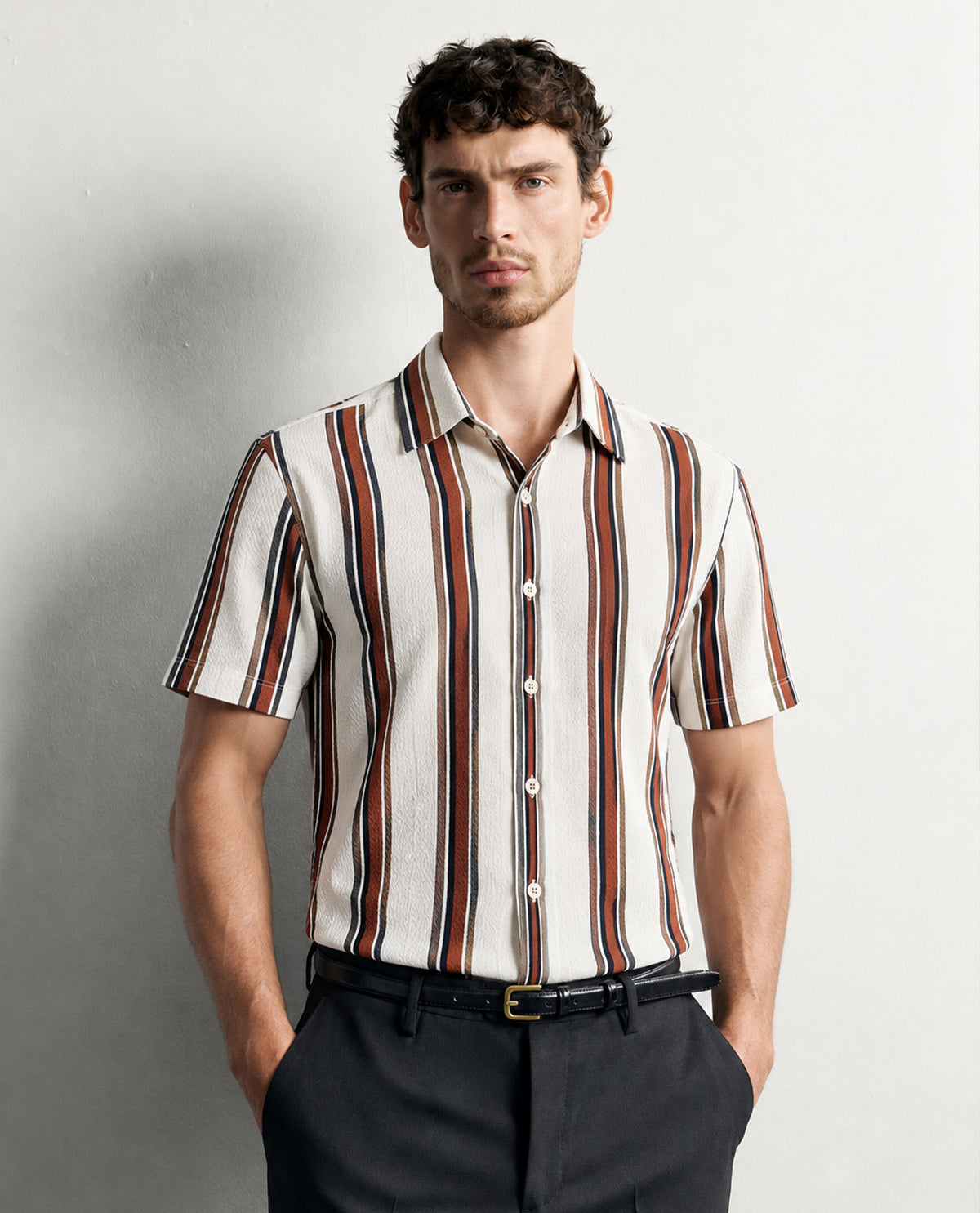 Off white colour shirt with Multi colour strip patterned body, Half sleeve.