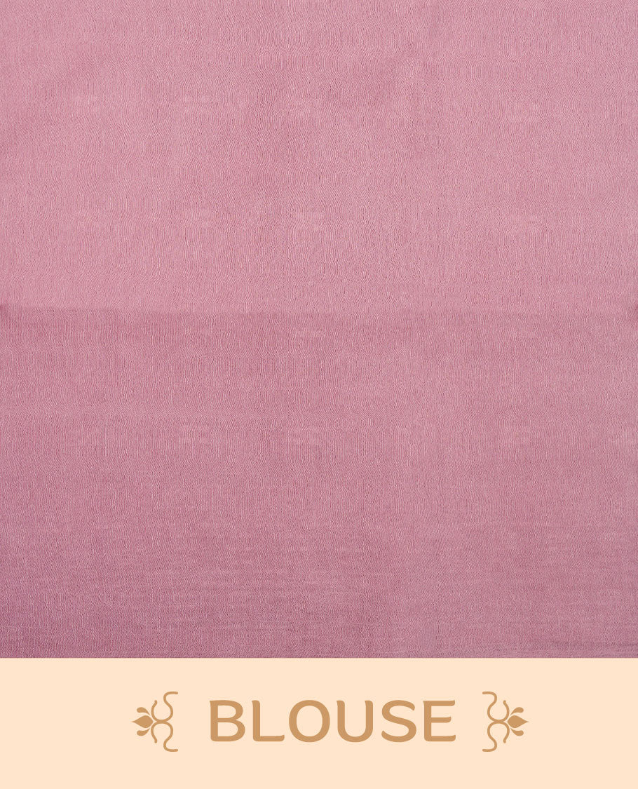 Baby pink colour semi jute saree highlighting white thread motifs on body, without border and paired with matching blouse.