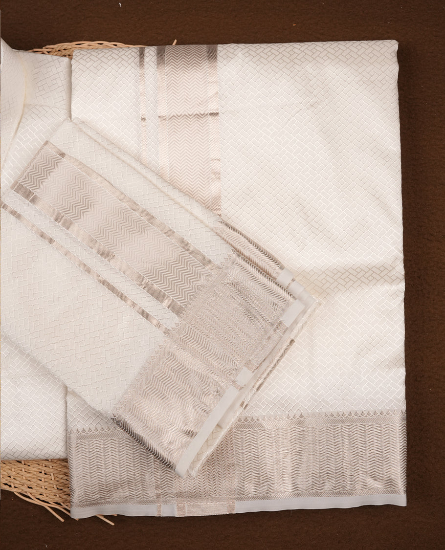 White silver colour MINISTER WHITE shirt paired with a matching dhoti, finishing with a silver border