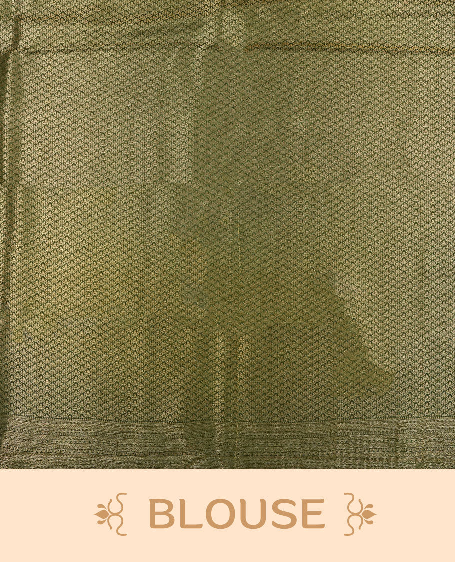 Grape Purple colour semi silk brocade saree featuring intricate Gold Floral kodi & leaf patterns across the body, complemented by a contrast green colour woven border and pallu, paired with a matching blouse.