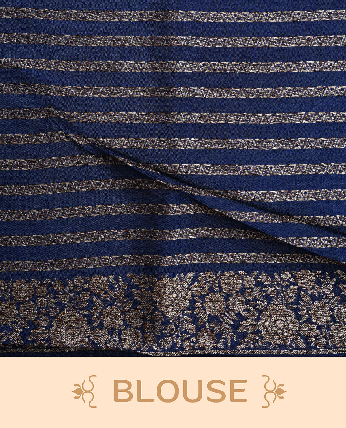 Navy blue colour semi banaras tussar georgette saree featuring gold zari floral pattern body, finished with gold zari floral motifs on border and paired with matching blouse piece.