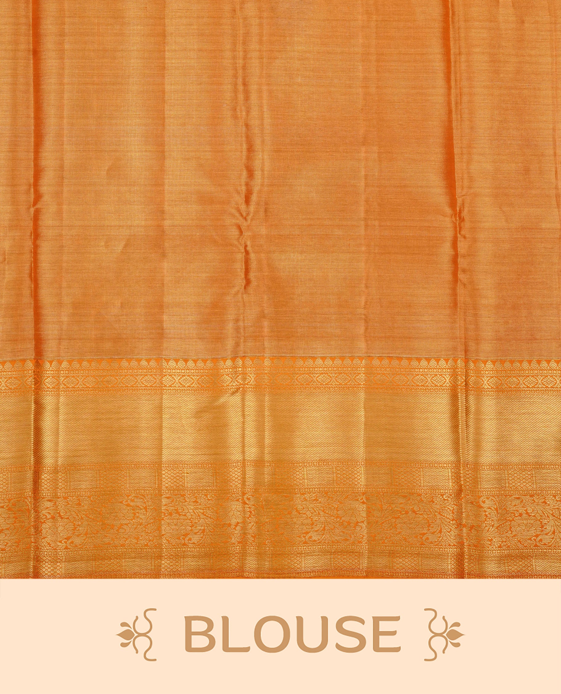 Orange & Gold double shade colour Tissue silk saree featuring gold motifs on body, complemented by self colour with Gold Zari border, comes with matching blouse piece.