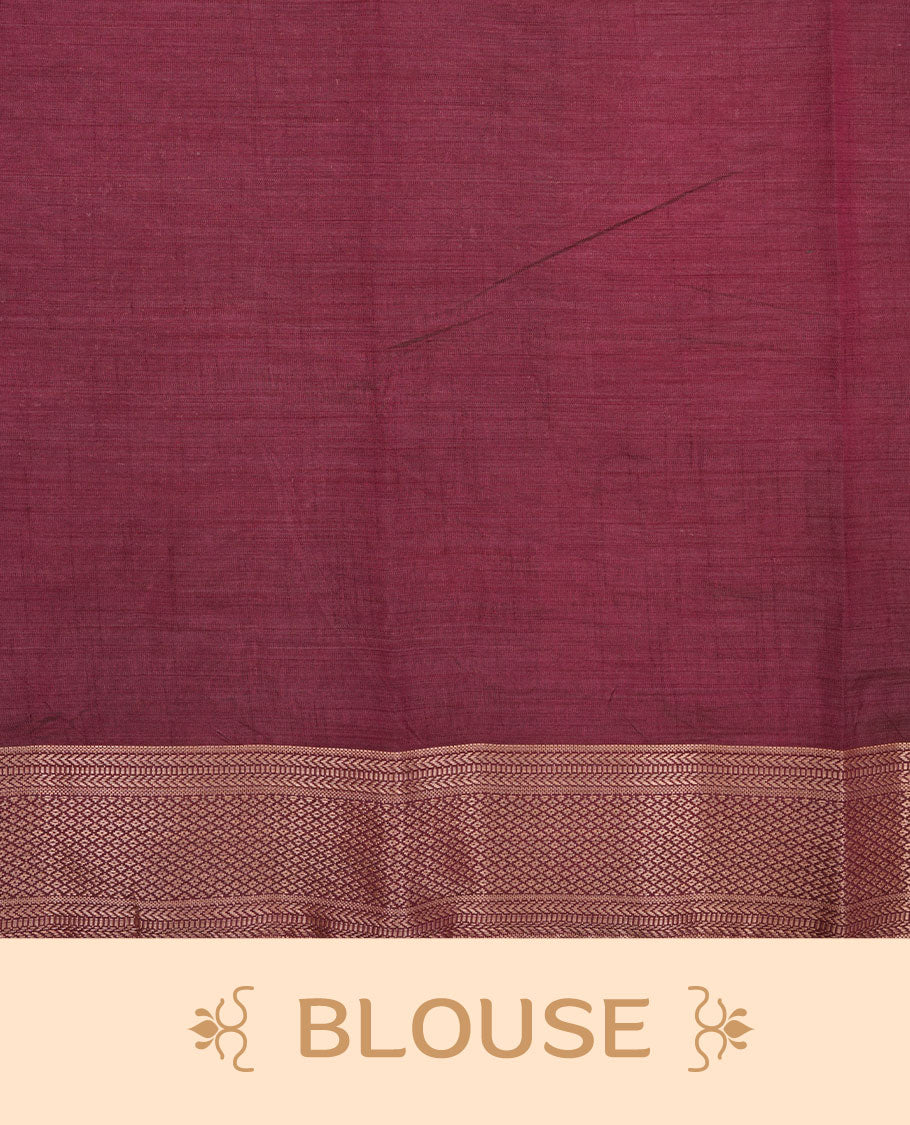 Cream colour tussar silk saree featuring elegant plain body, contrast Maroon colour border with gold zari, comes with matching blouse piece.