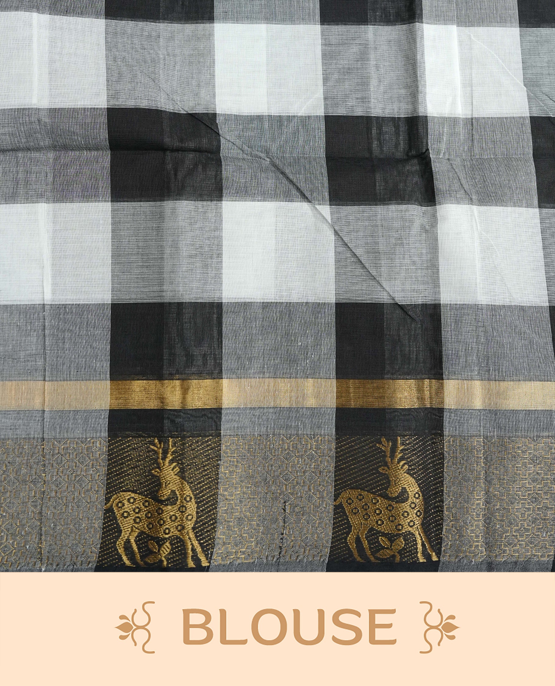Black & White colour chettinad cotton saree featuring check pattern on body, complemented by Self Colour with gold zari border, comes with matching blouse piece.