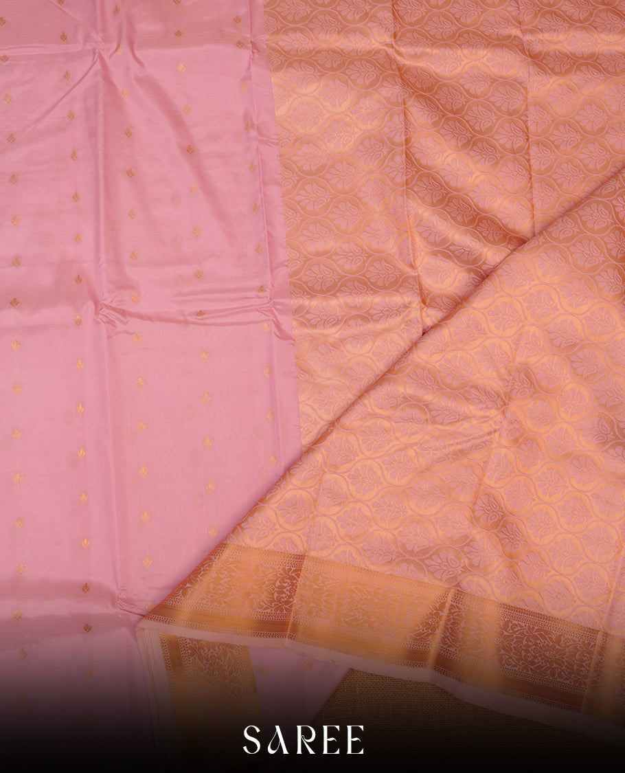 Pink colour shirt and dhoti with gold colour border, paired with matching colour silk saree featuring gold zari buttas and traditional border paired with matching blouse piece.