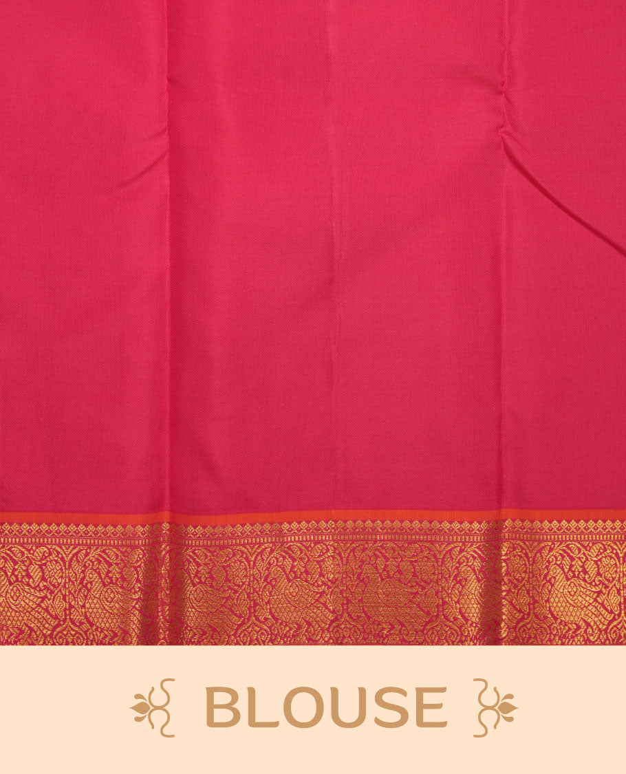 Peacock Blue colour pure traditional Kancheepuram silk saree adorned with gold zari peacock motifs across the body, featuring elegant contrast Pink traditional borders, beautifully paired with a matching blouse piece.