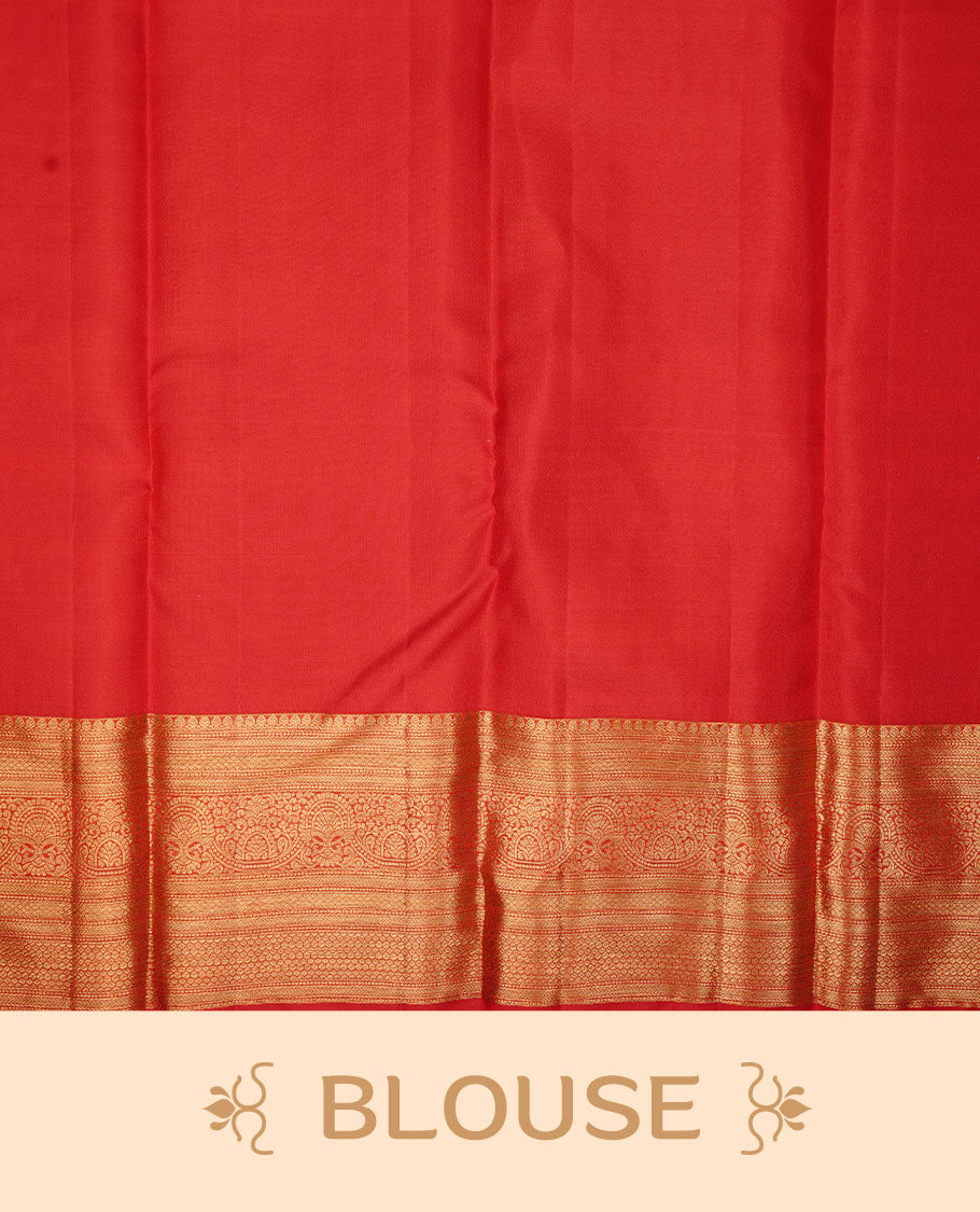 Red colour kancheepuram silk saree featuring gold zari pattern across body, complemented by selfcolour border traditional zari border, paired with matching blouse piece.