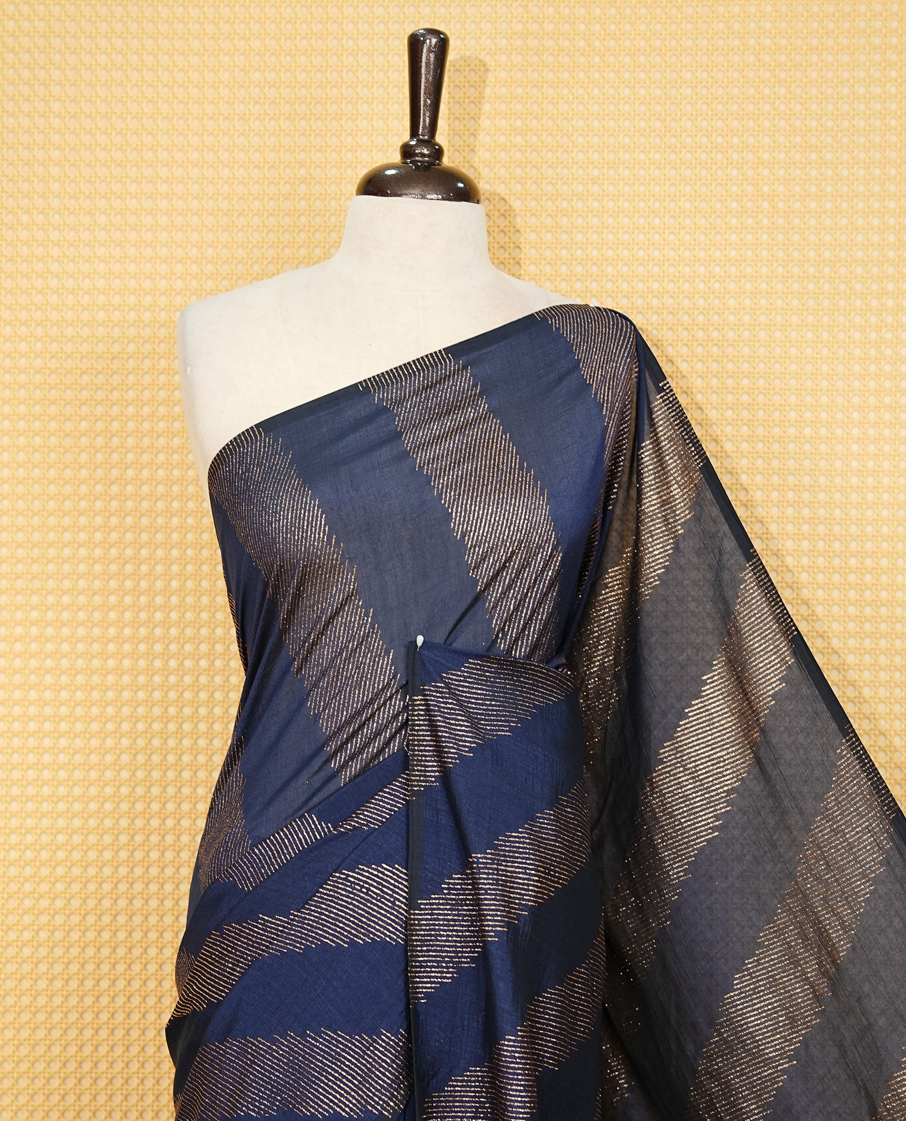Navy Blue colour Vijitra silk Saree Featuring Leheriya style gold Printed body, complemented by contrast pallu & tassels