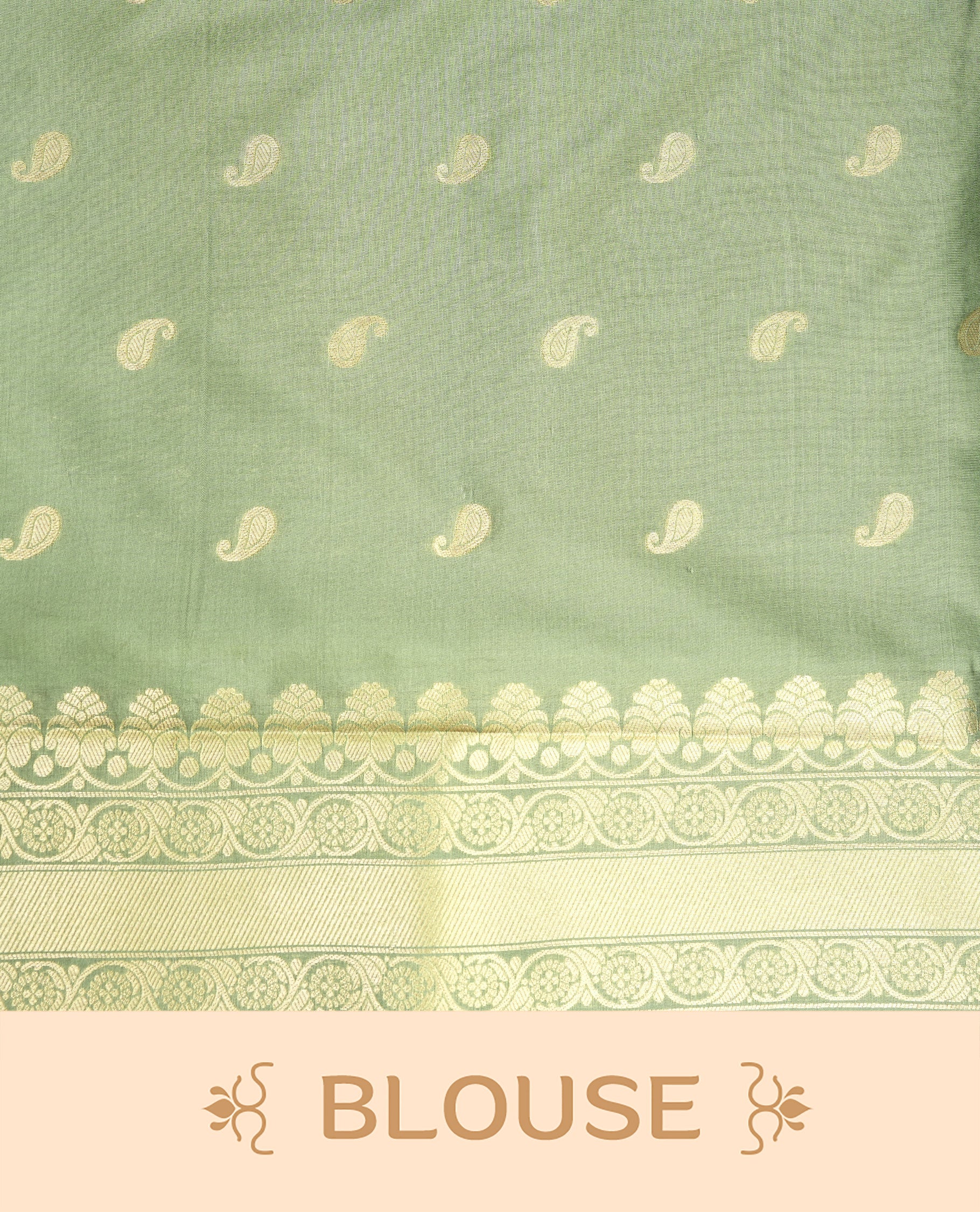 Pistachio Colour Softie Silk Saree Featuring An All Over Gold Woven Leaf Pattern, Finished With A Matching Border Adorned With Intricate Paisley And Floral Motifs, Paired With A Matching Blouse Piece.