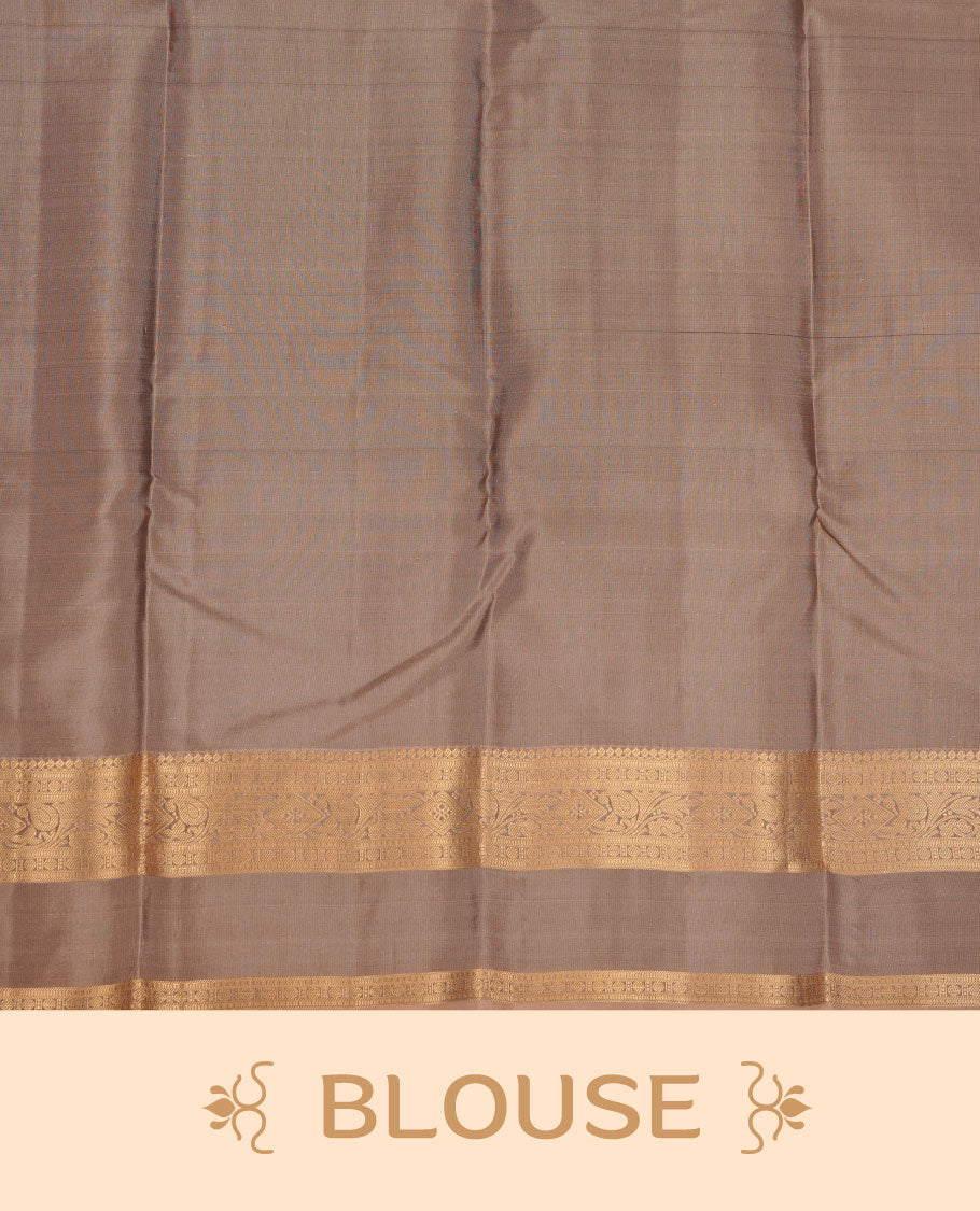 Black colour vasundhara silk saree featuring gold zari buttas on body, complemented by contrast chikku with zari border, paired with matching blouse piece.