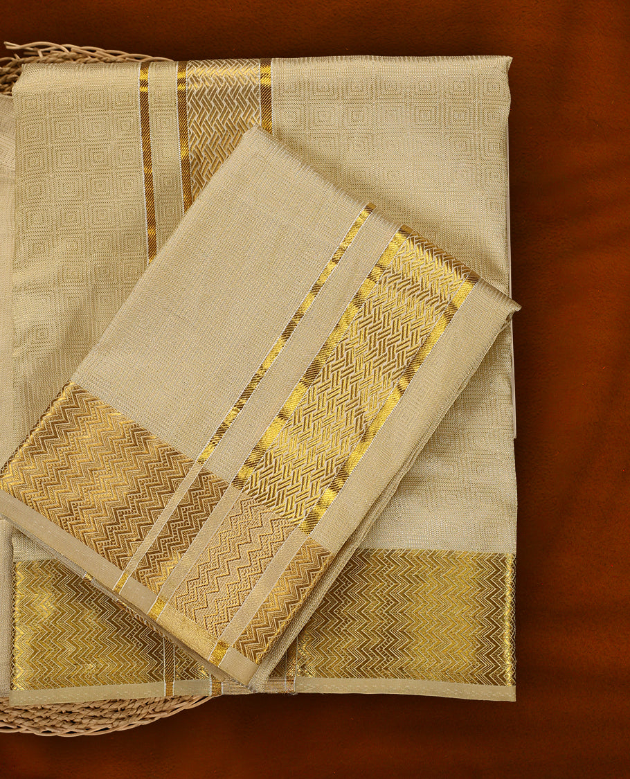 Fawn gold colour MINISTER WHITE shirt with a subtle textured finish, paired with a cream dhoti featuring a rich golden zari border and intricate zig-zag pattern, creating a graceful festive ensemble.
