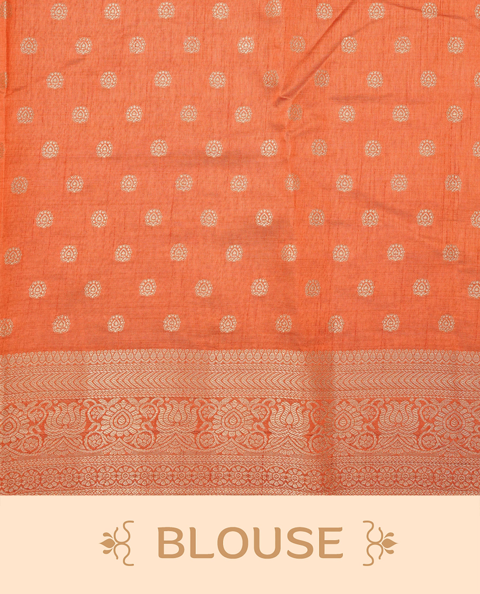 Light Gold Tussar saree featuring Gold zari buttas on body, complemented by contrast orange Colour with Gold zari border, comes with matching blouse piece.