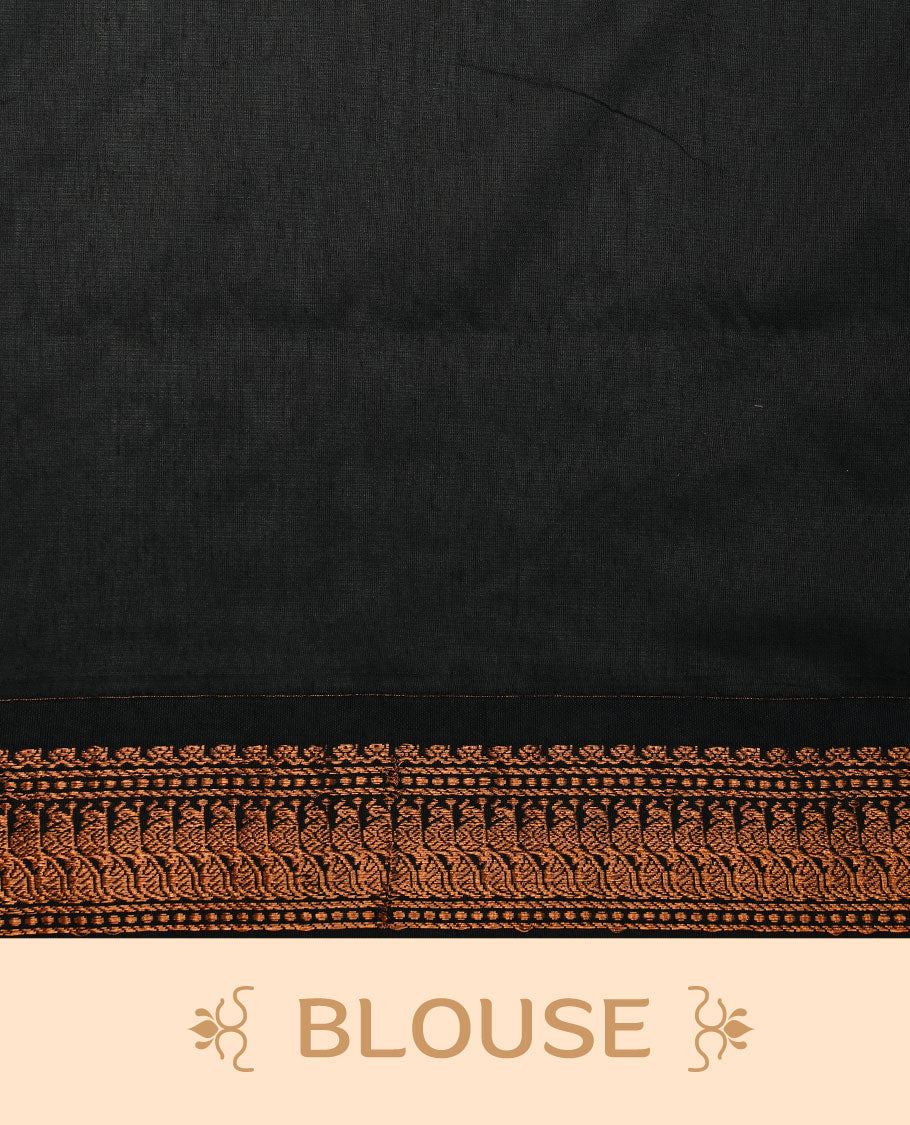 Mustard colour kalyani cotton saree featuring Elegant plain body, complemented by Black colour with Antique zari border, paired with matching blouse piece.