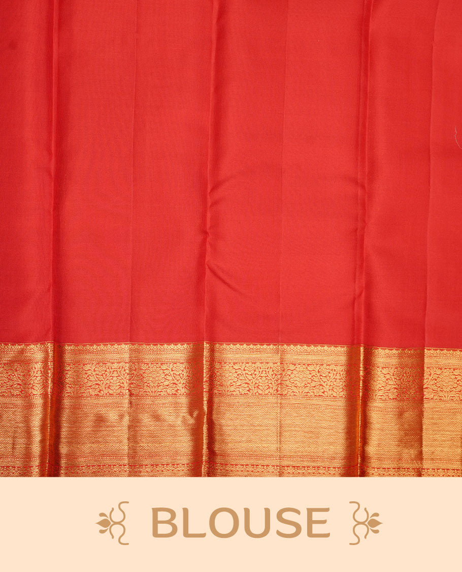 Brick Red colour kancheepuram silk saree featuring gold zari pattern across body, complemented by selfcolour border traditional zari border, paired with matching blouse piece.