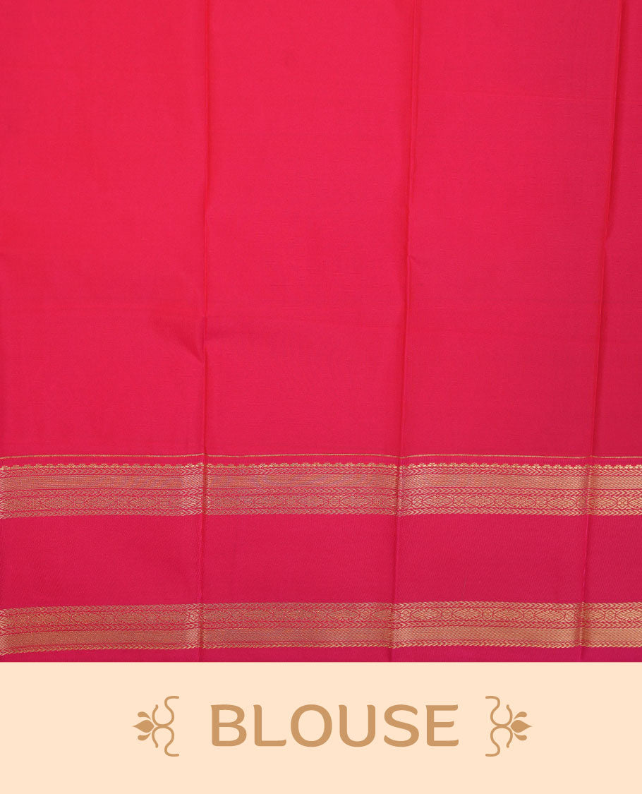 Navy blue colour semi silk saree highlighting gold zari strip pattern with motifs across body, featuring contrast rani pink colour border with gold zari pattern, comes with matching blouse .
