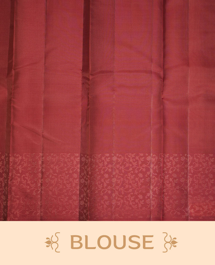 Beige colour soft silk saree featuring zari pattern on body, complemented by contrast brown zari patterned border, and paired with matching blouse piece.