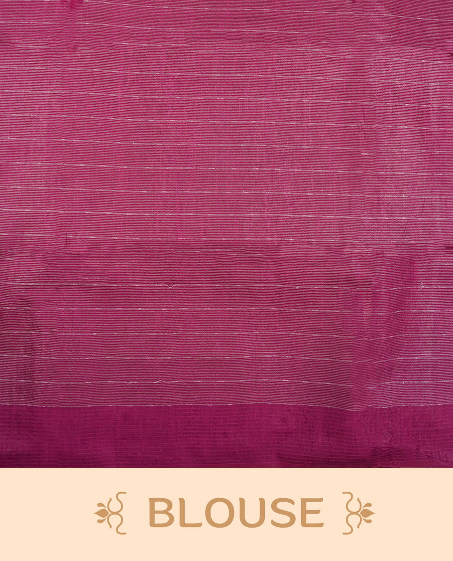 Burgundy colour semi jute saree highlighting gold zari striped body, without border and paired with matching blouse.