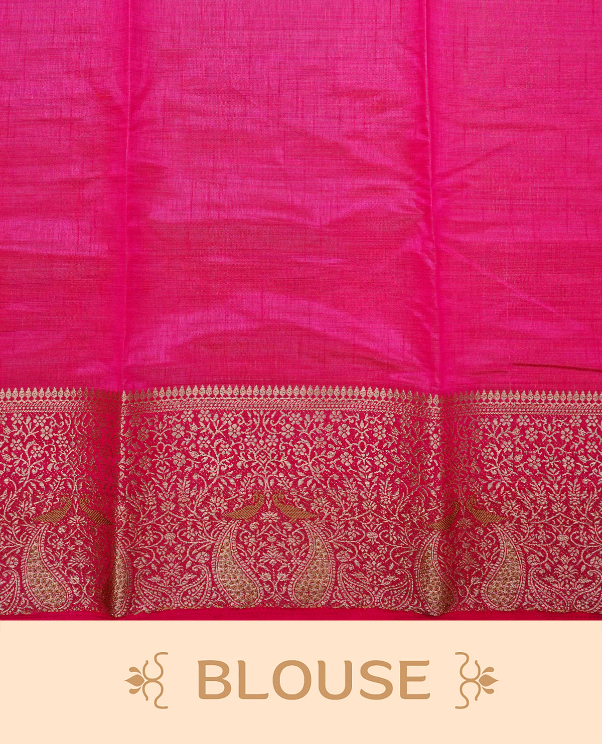 Light gold tussar saree featuring Elegant plain body, complemented by contrast Magenta colour with Gold zari Floral kodi with Peacock Pattern border, comes with matching blouse piece.