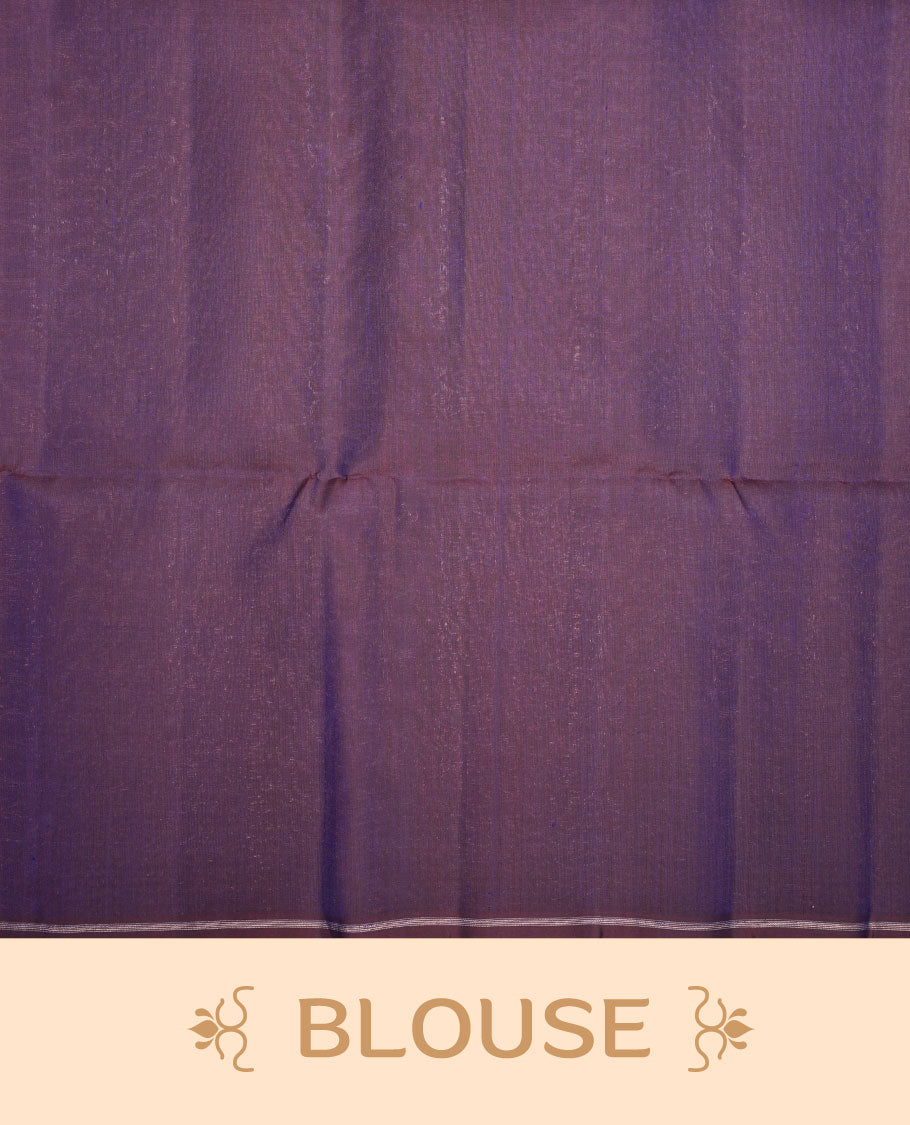 Plum purple colour soft silk saree featuring gold zari motifs on body, complemented by self colour with traditional border with tassel at pallu, paired with matching blouse piece.