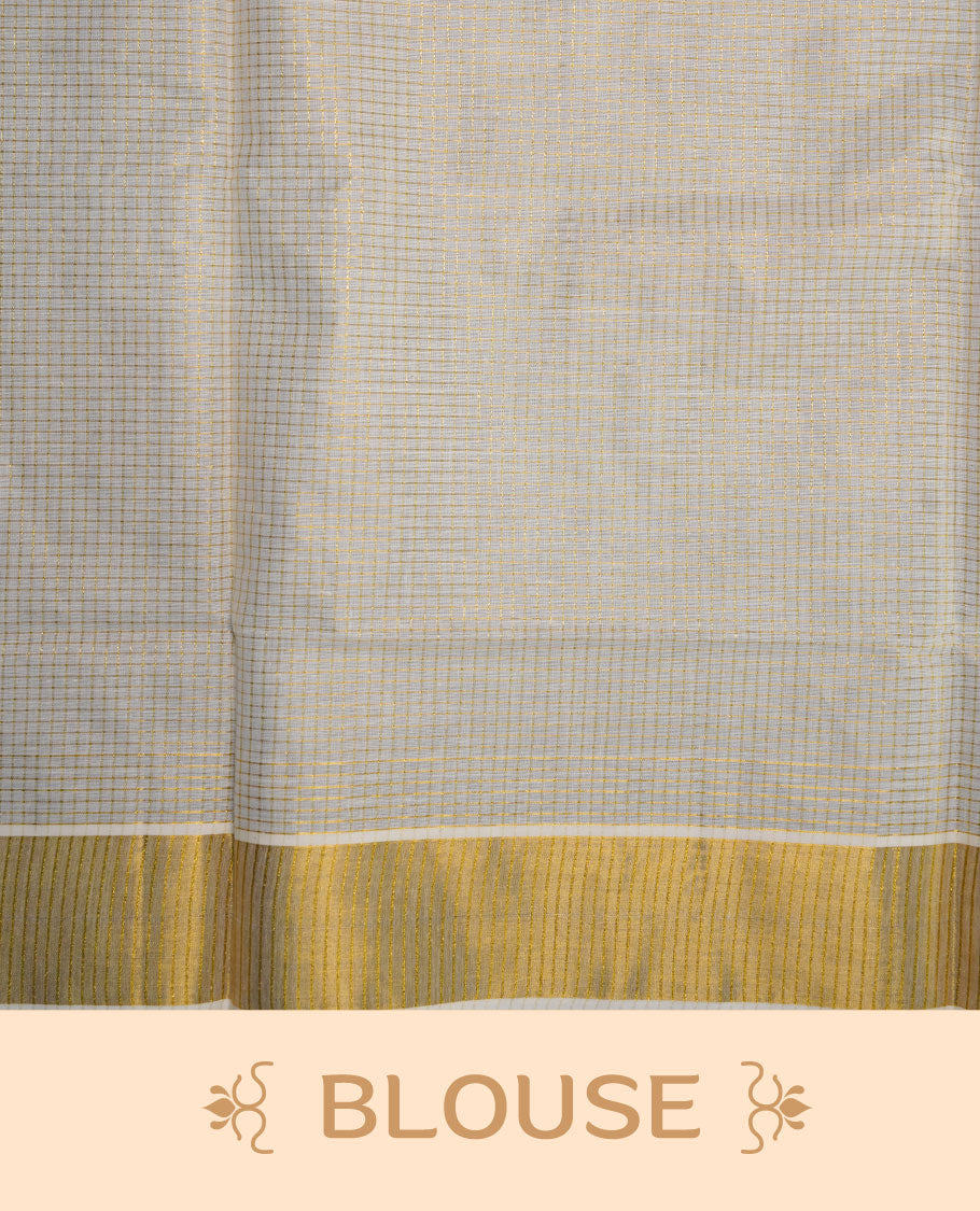 Off white color kerala cotton saree featuring gold zari check on body, complemented by, gold zari with krishna & peacock leaf printed border, paired with matching blouse piece.