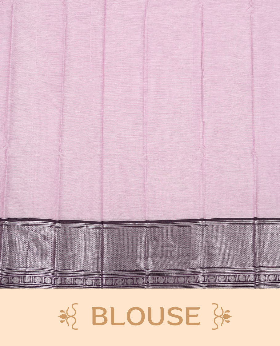 Lavender colour Narayanapattu cotton saree featuring a self coloured body, contrast deep Purple colour with silver zari border and pallu, pairing a matching blouse piece.
