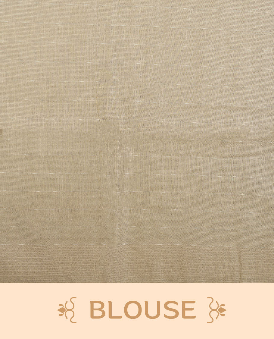 Cream colour semi jute saree highlighting gold zari striped body, without border and paired with matching blouse.