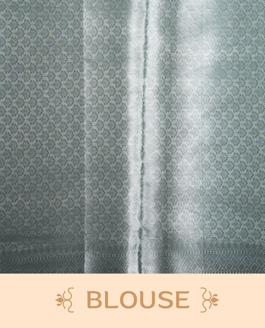 Light blue colour Pure banaras tissue silk saree featuring Silver zari brocade design across body, with silver zari brocade border, finished with a matching blouse.