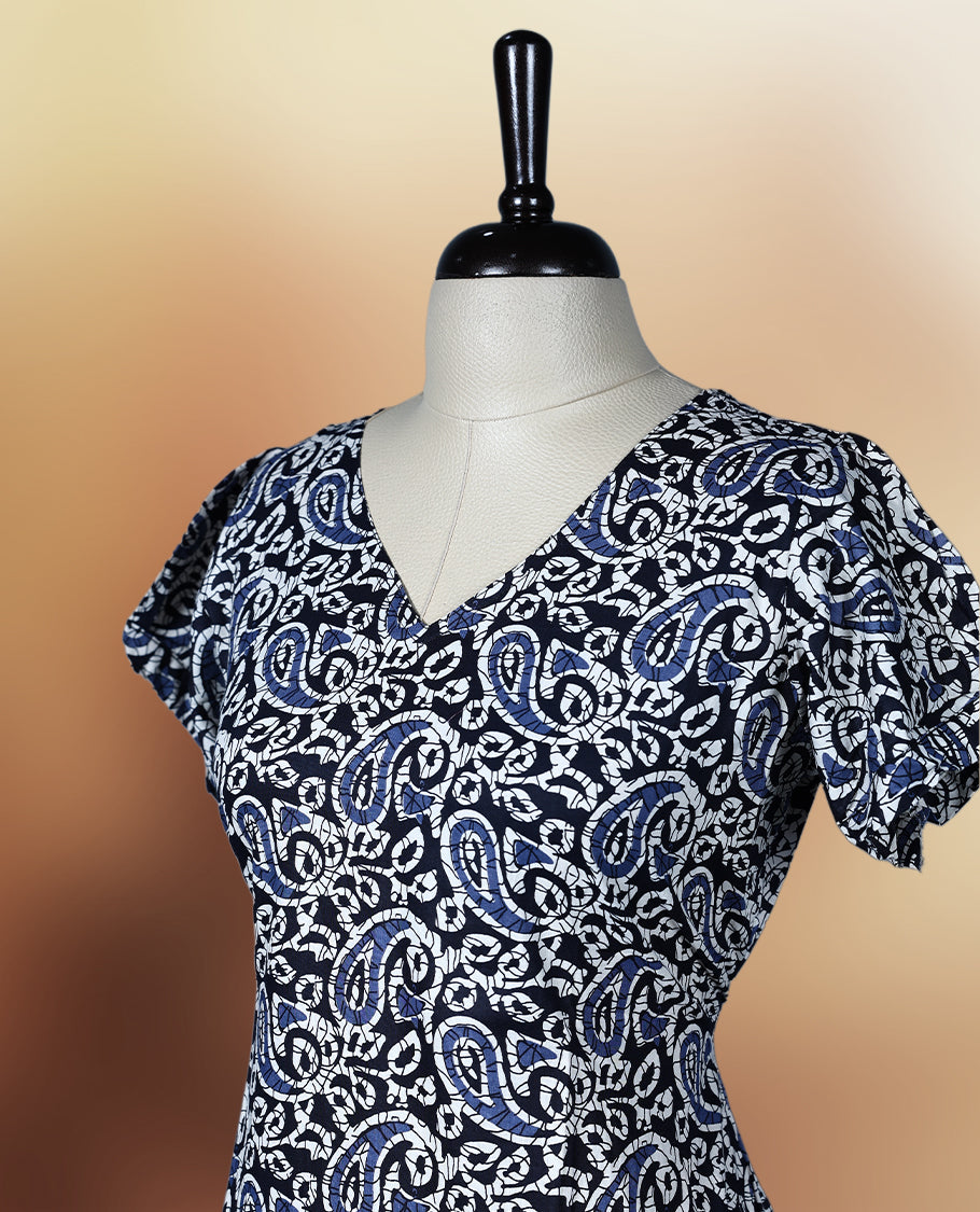 Black, blue & off white colour paisley print nightwear with a flattering V neckline & Designed for comfort & style, A perfect pick for casual days, summer outings, or light festive wear.